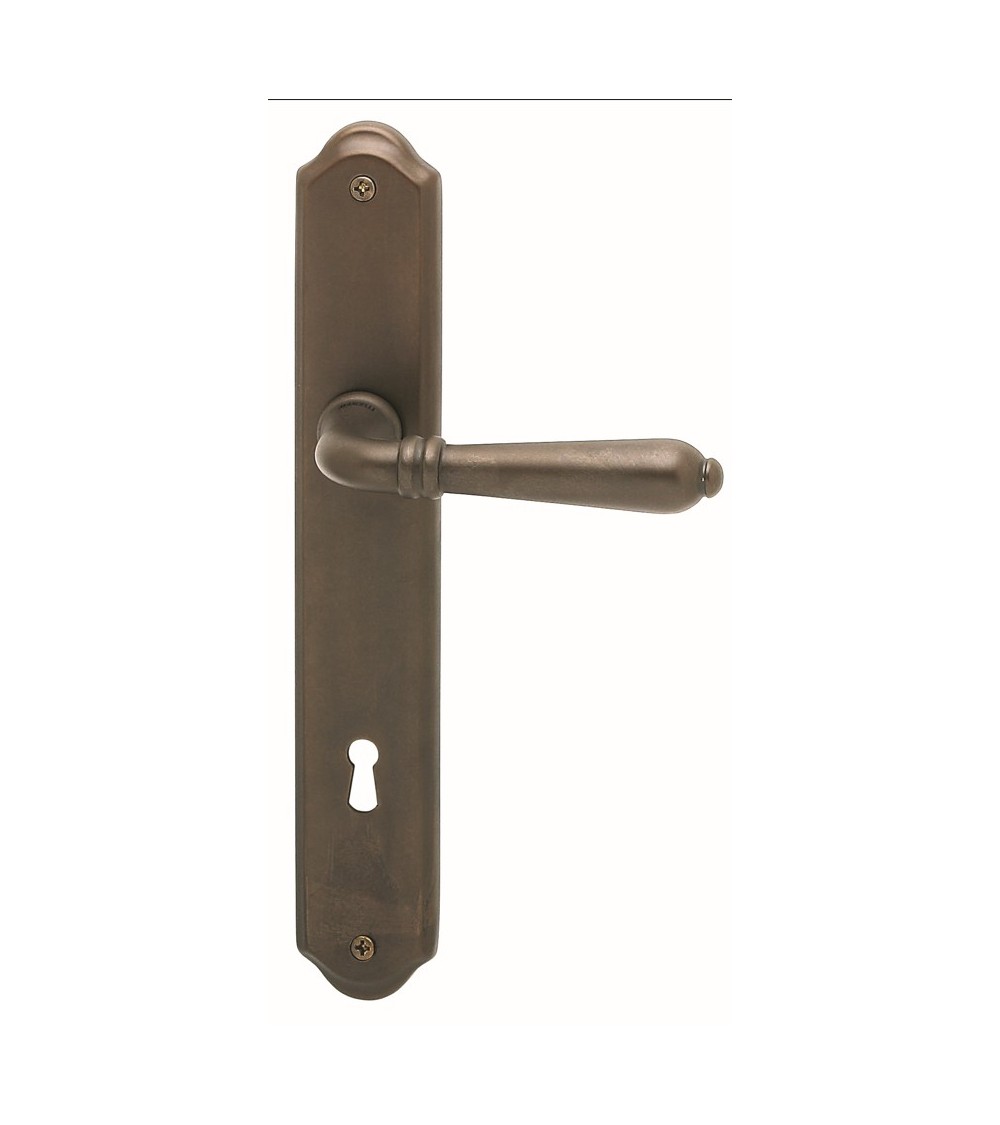 poignée de porte sur plaque longitudinale en version vintage, rétro en couleur rouille, finition unique