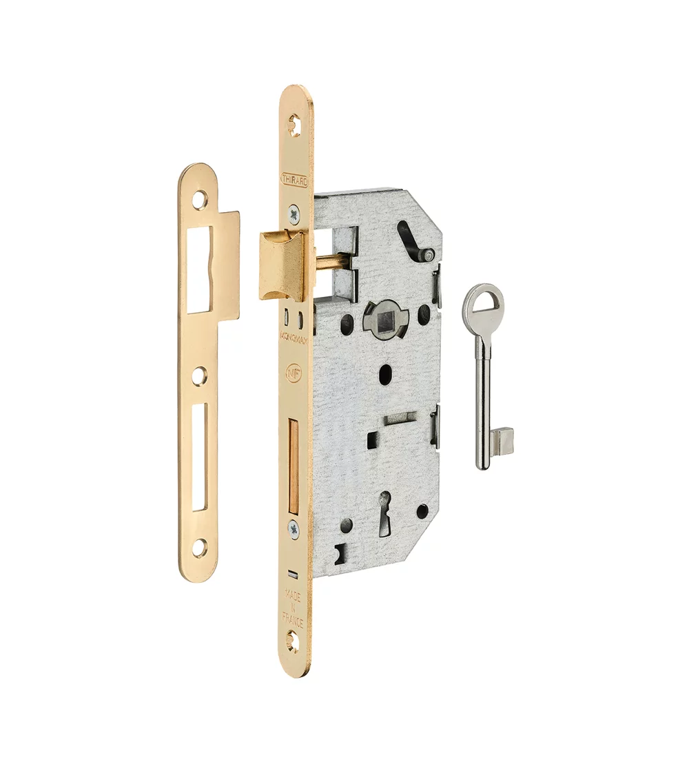 Designer mortise lock with brass-plated steel faceplate, for bedroom