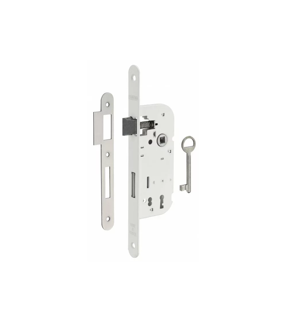 White mortise lock with white steel faceplate, 40mm backset, 70mm centres, for bedroom