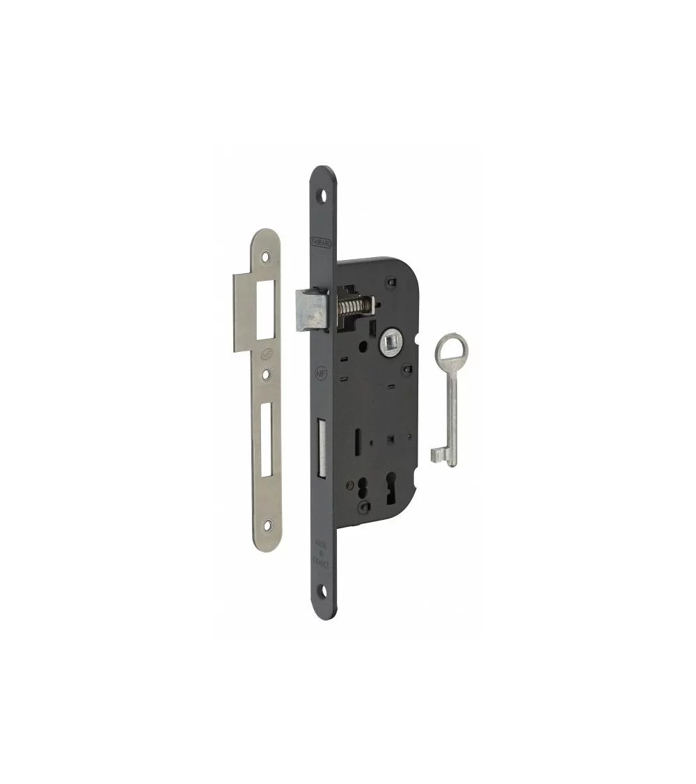 Thirard NF black mortice lock with black steel faceplate, 40mm backset