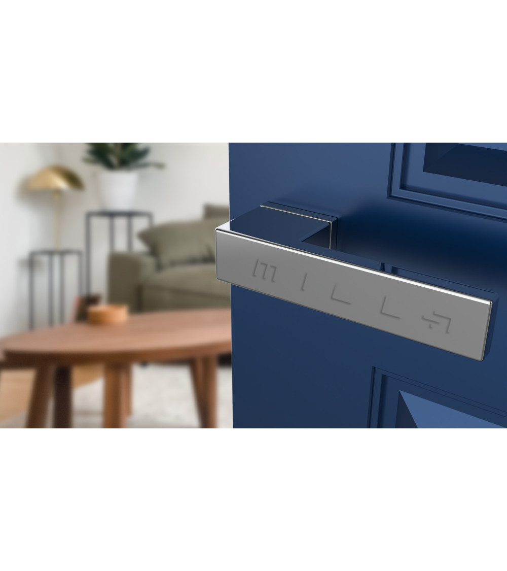 Satin chrome door handle on a blue door