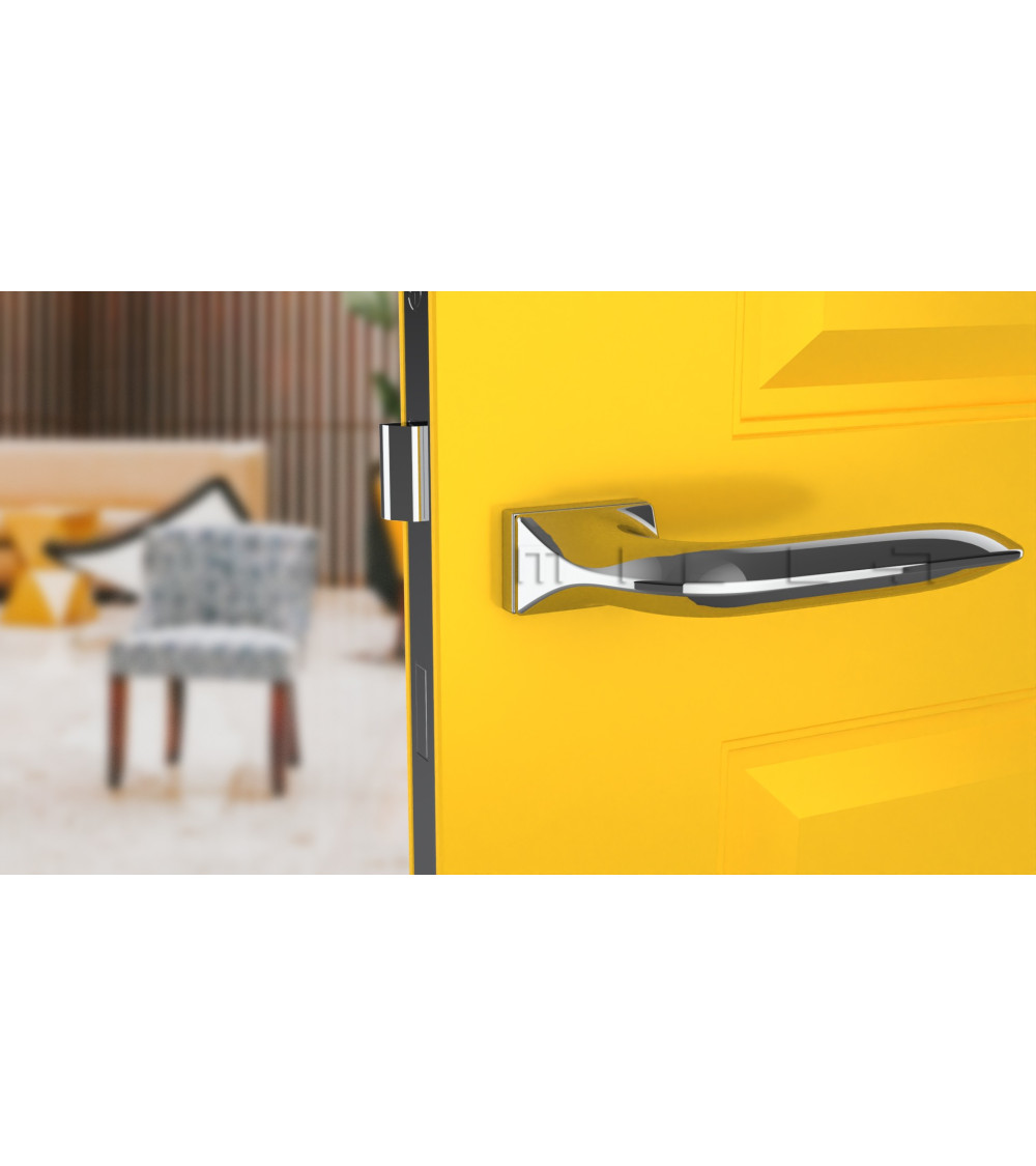 chrome handle on yellow door