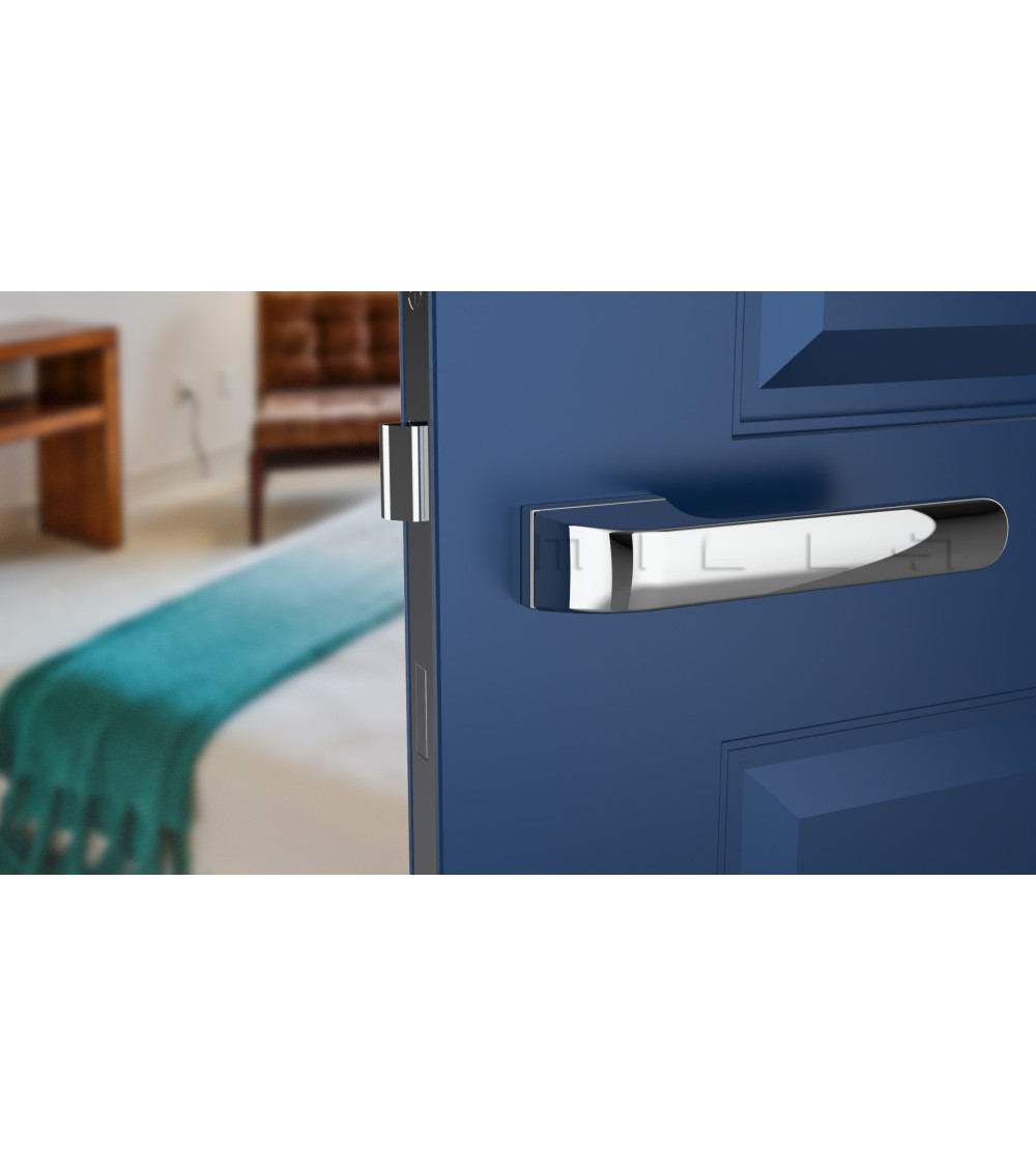 Satin chrome door handle on blue bedroom door