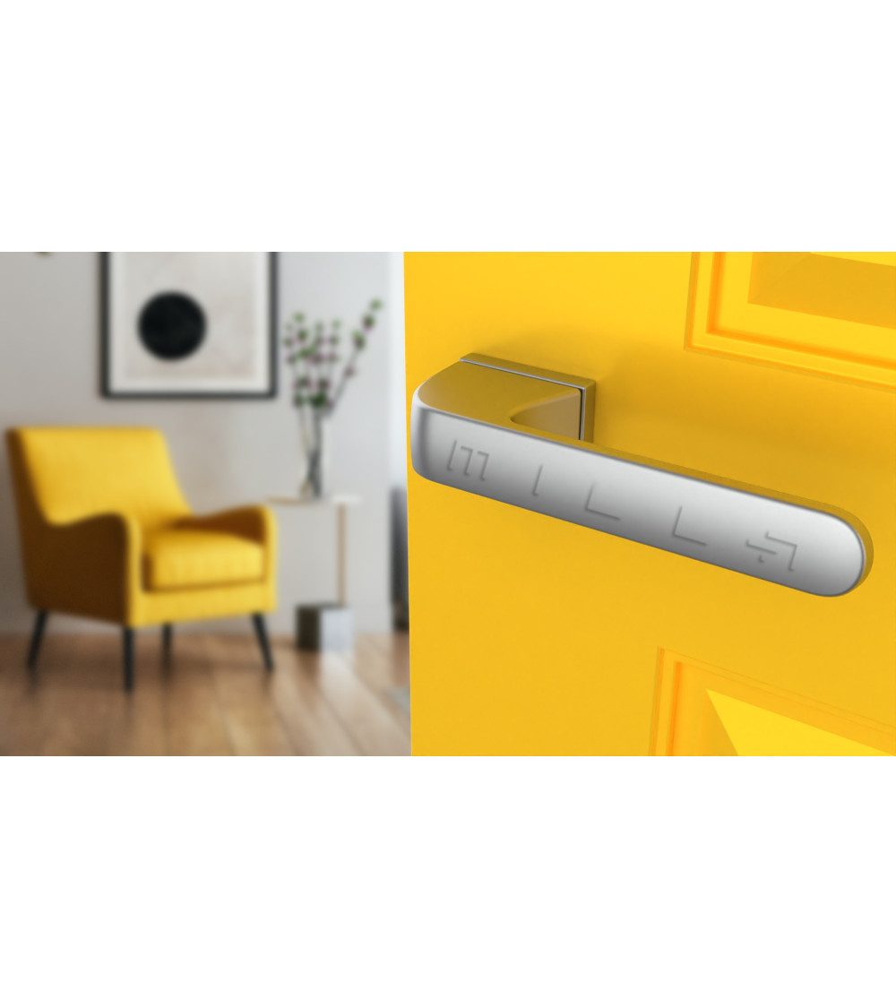 satin chrome finish handle on yellow door