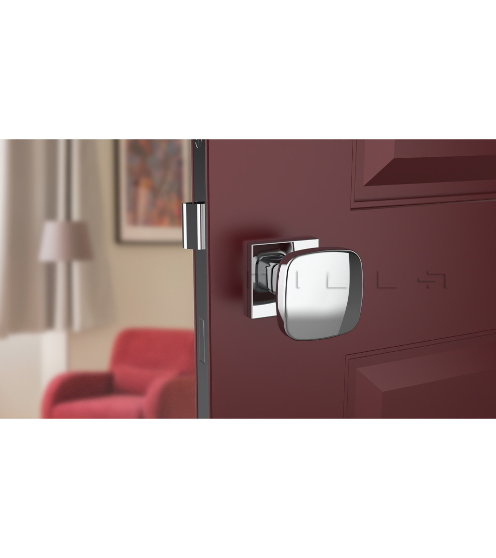 polished chrome door knob on dark wood door