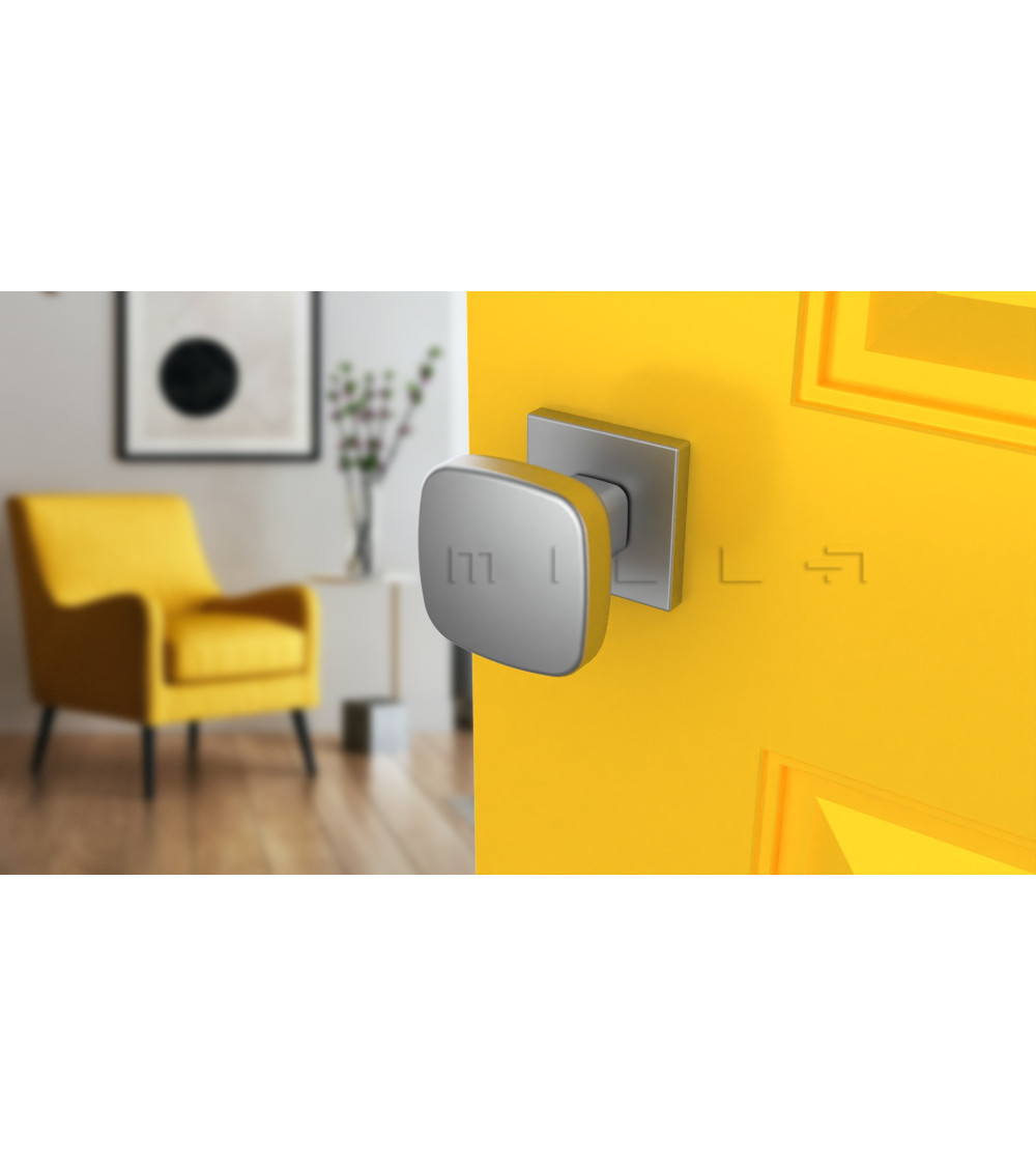 brushed chrome door knob on yellow door