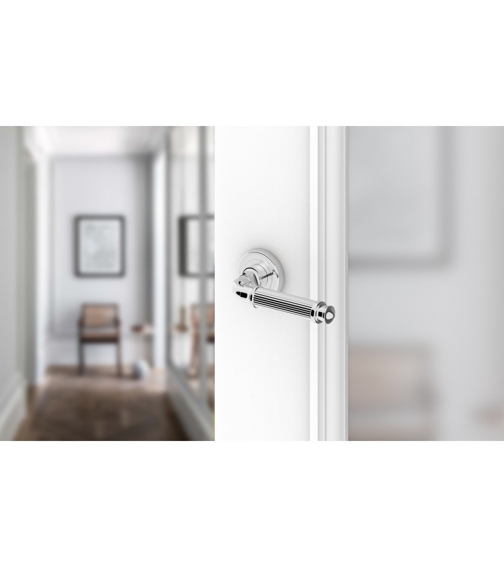 polished chrome handle on white door