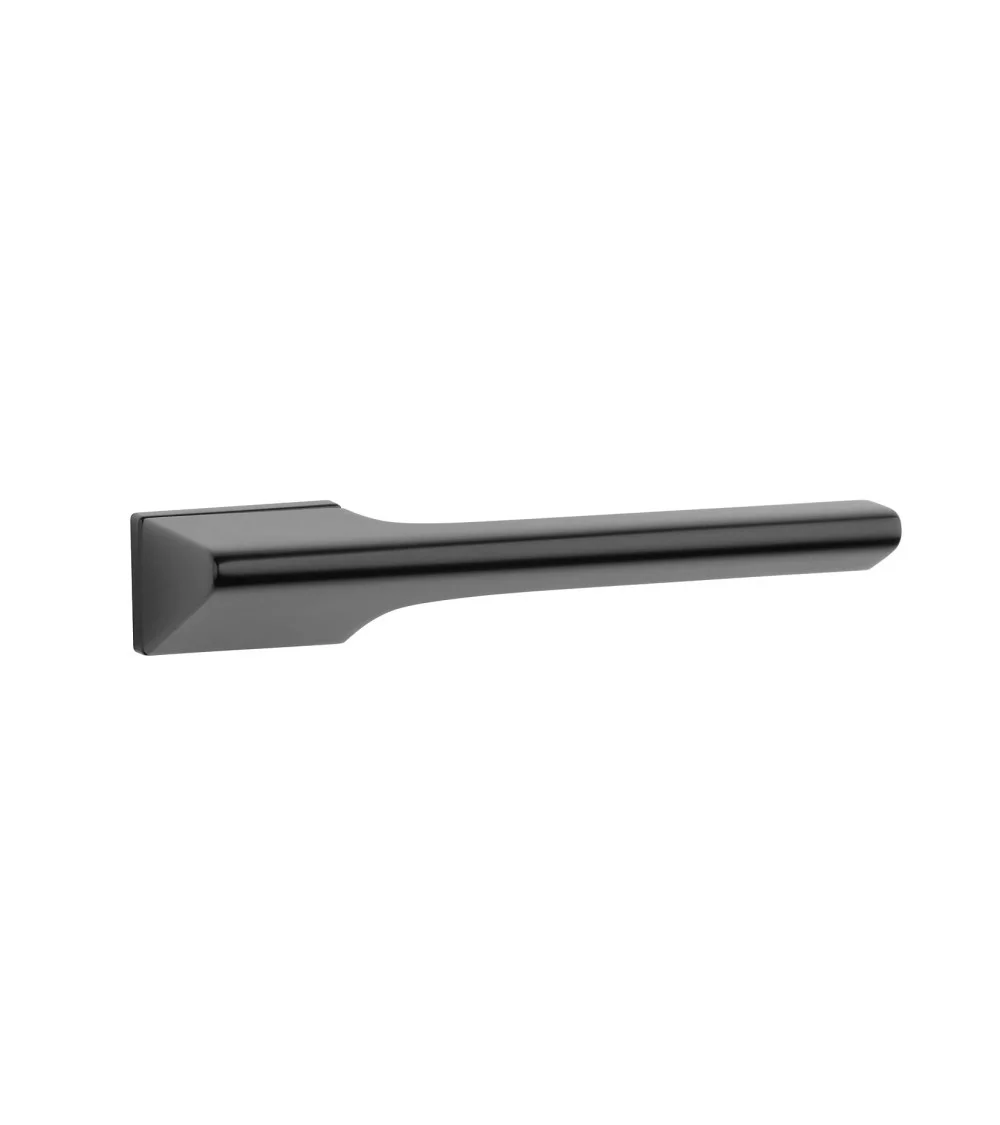 Satin chrome door handle on black door