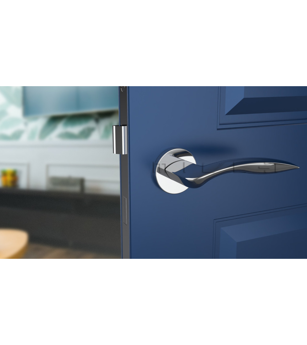 Curved chrome door handle on a blue door